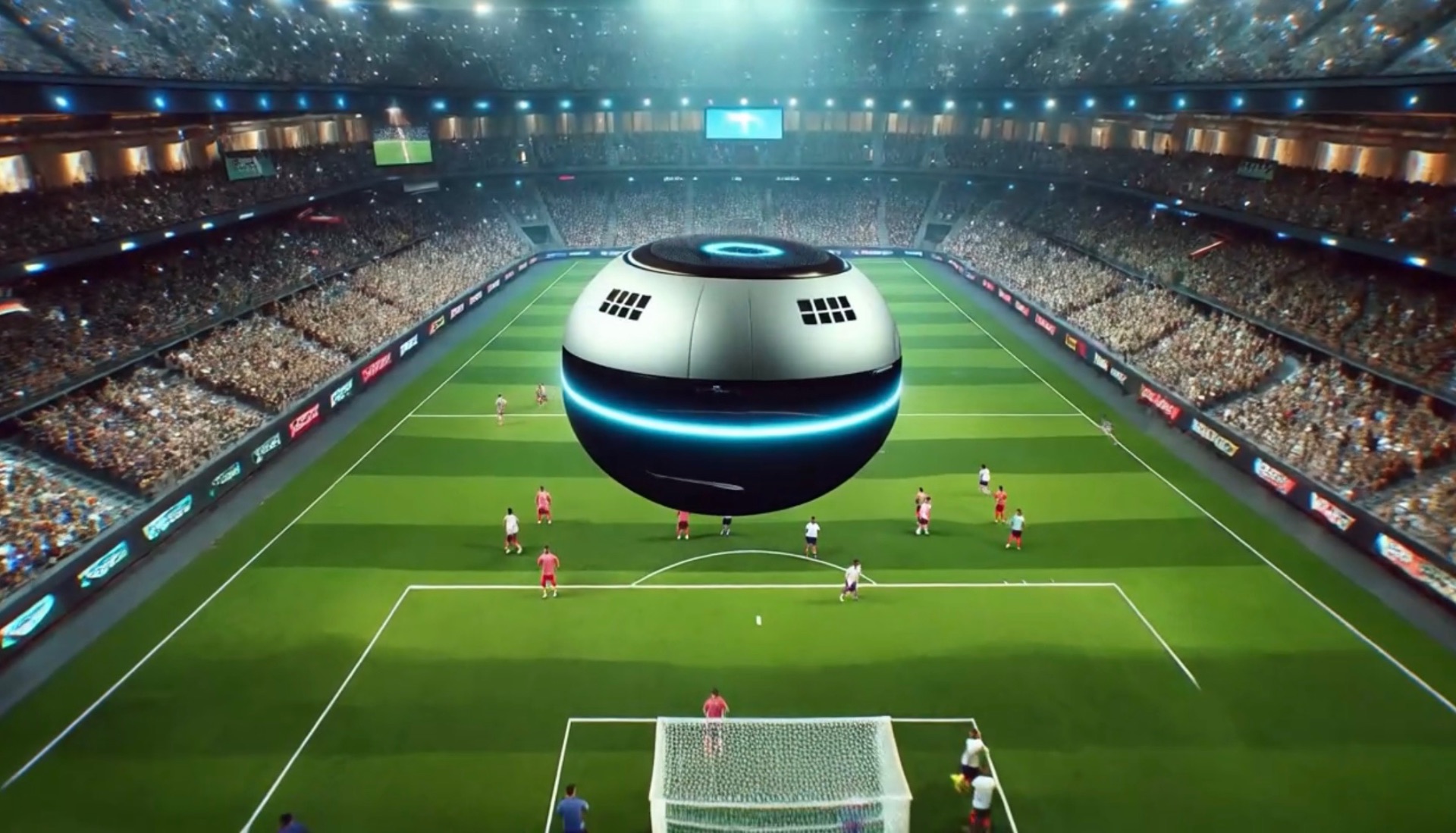 Spectaether AI-piloted spherical drone hovering over a soccer stadium during a live match