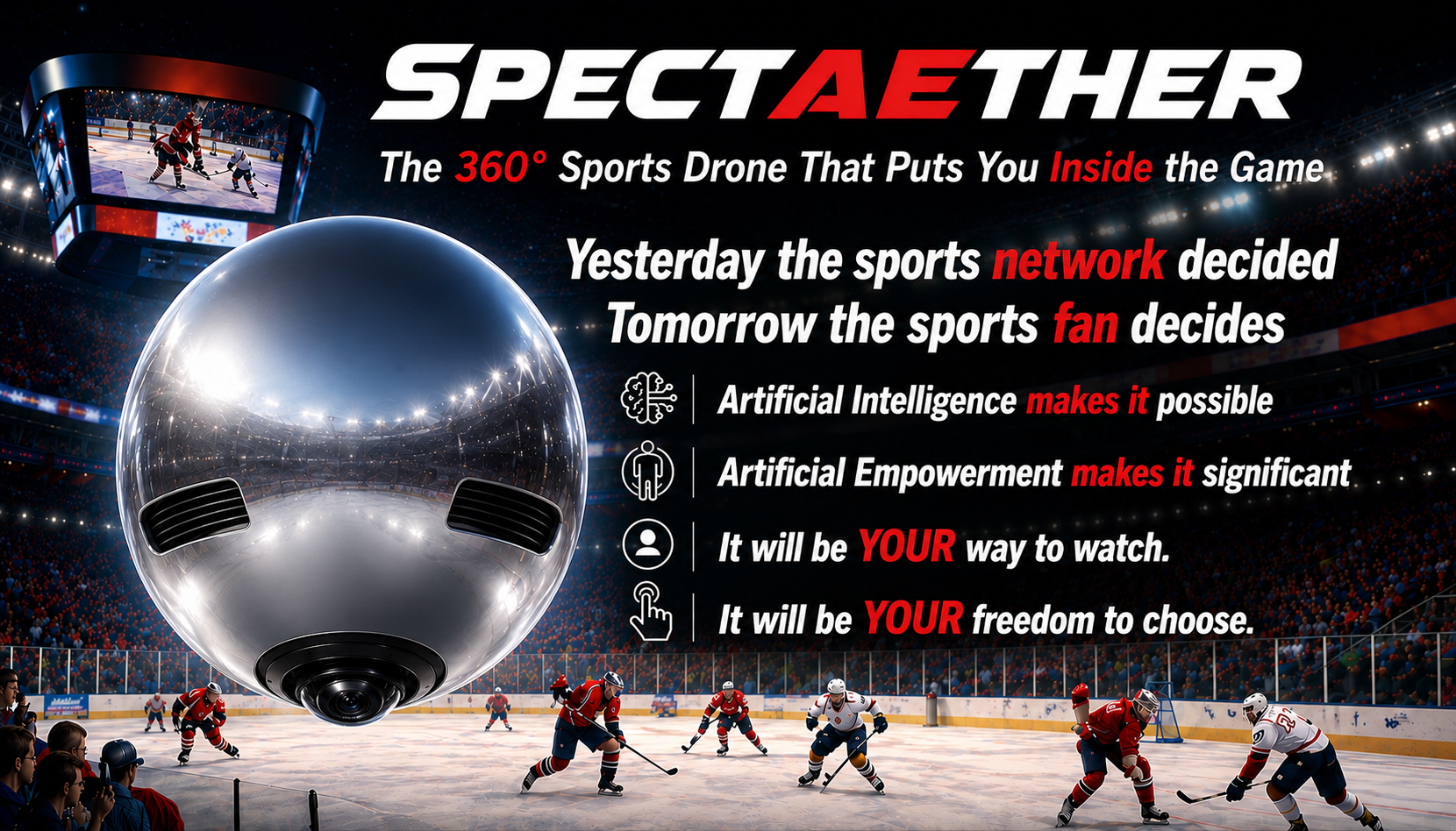 Spectaether spherical sports drone hovering above an arena