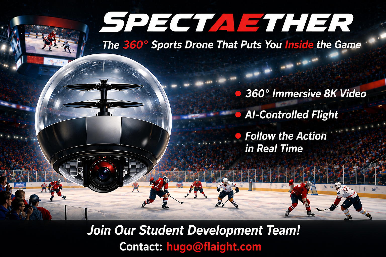 Spectaether spherical sports drone hovering above an arena
